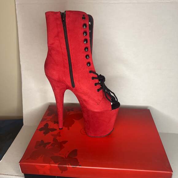 Pleaser Shoes - Pleaser Flamingo-1021FS Red Faux Suede Platform Ankle Boots
